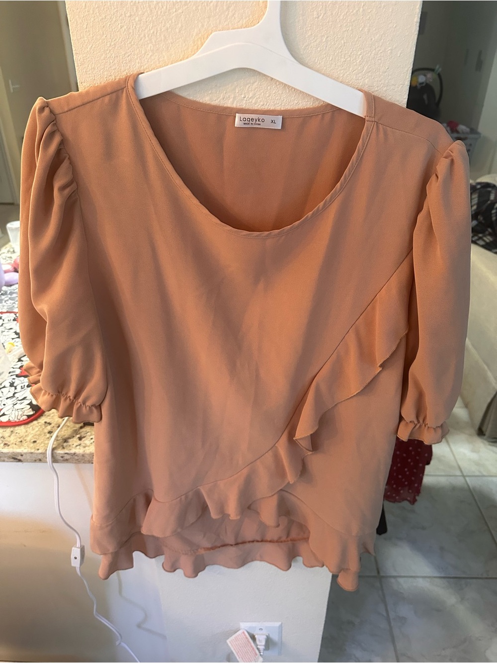 Tan Ruffle-Trim Puff Sleeve Blouse
